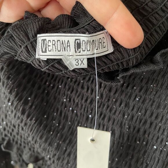 VERONA couture black sparkle smock faux wrap off shoulder crop top with sleeves - Picture 7 of 13